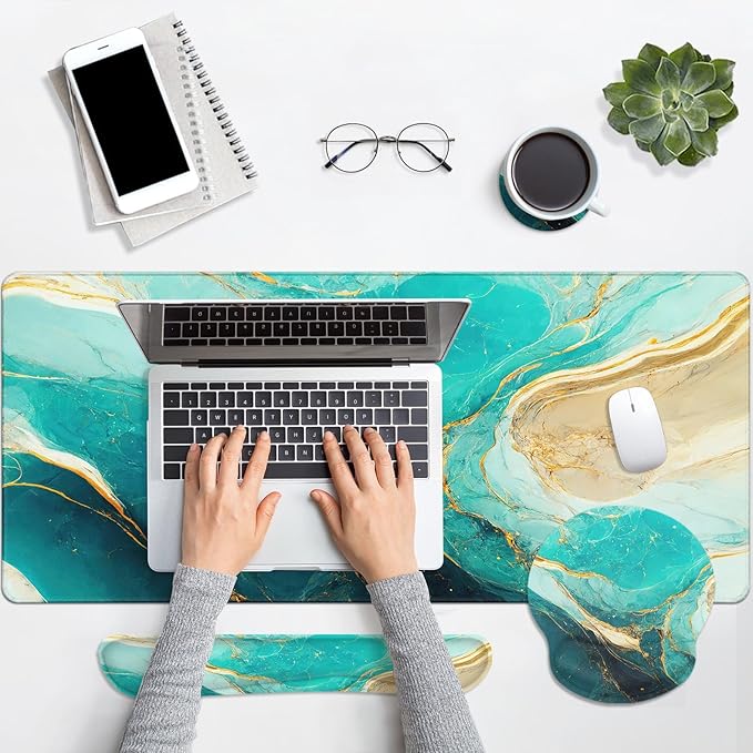 Britimes Green and Gold Marble Keyboard Mouse Pad Set 4in1 Large - Image 6