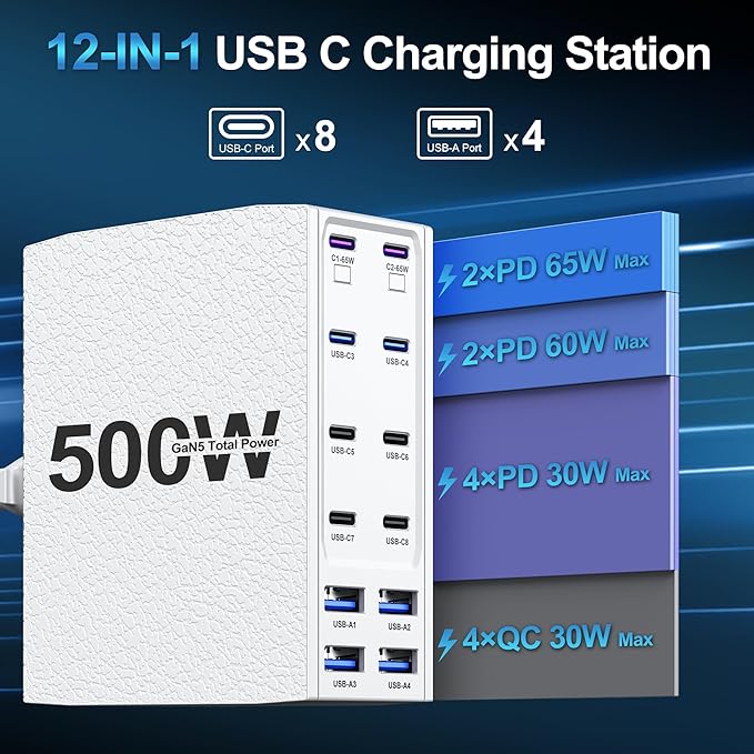 500W USB C Charger Block, 12-Port USB C Charging Station - Image 2