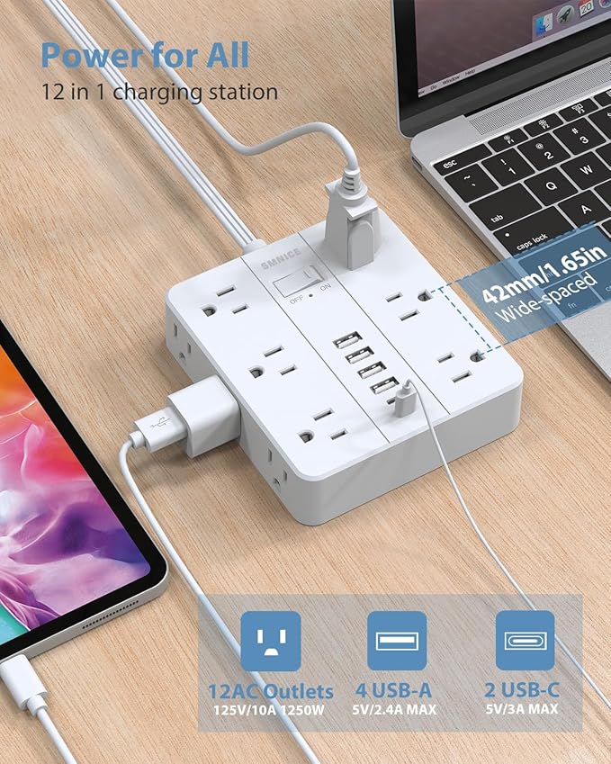 Power Strip Flat Plug with 12 Outlets 6 USB, SMNICE Surge Protector Charging - Image 3