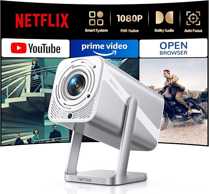Smart-Projector-4K with WiFi 6 and Bluetooth5.2, Native 1080P Mini Portable by TOPTRO