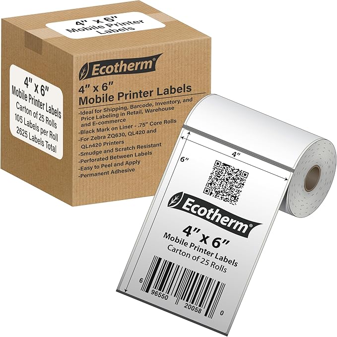 4" x 6" Mobile Printer Labels | 25 Rolls | 2625 Labels | fits Zebra ZQ630 by EcothermProducts