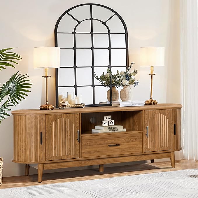 Mxtxmy 63" Fluted TV Stand for Tvs up to 70", Mid-Century Modern Entertainment by Mxtxmy