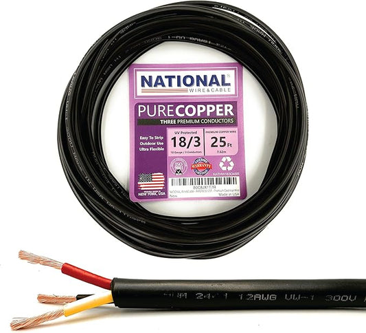 NATIONAL Wire & Cable – 18 AWG 3-Conductor Premium Copper Wire, 25 ft, Stranded by NATIONALWireCable