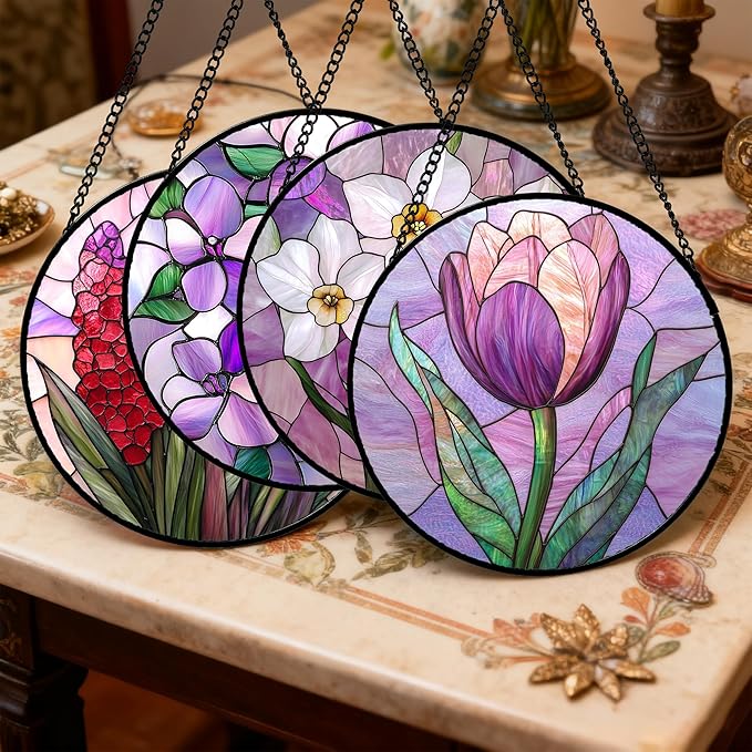 DASTOLL Stained Glass Window Hanging 4 Pcs Set Purple Flower Theme 9.8" - Image 2