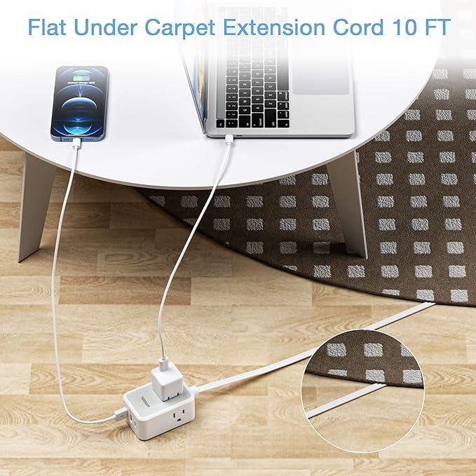 Ultra Thin Flat Extension Cord 10 FT, TESSAN Small Flat Plug Power Strip - Image 3