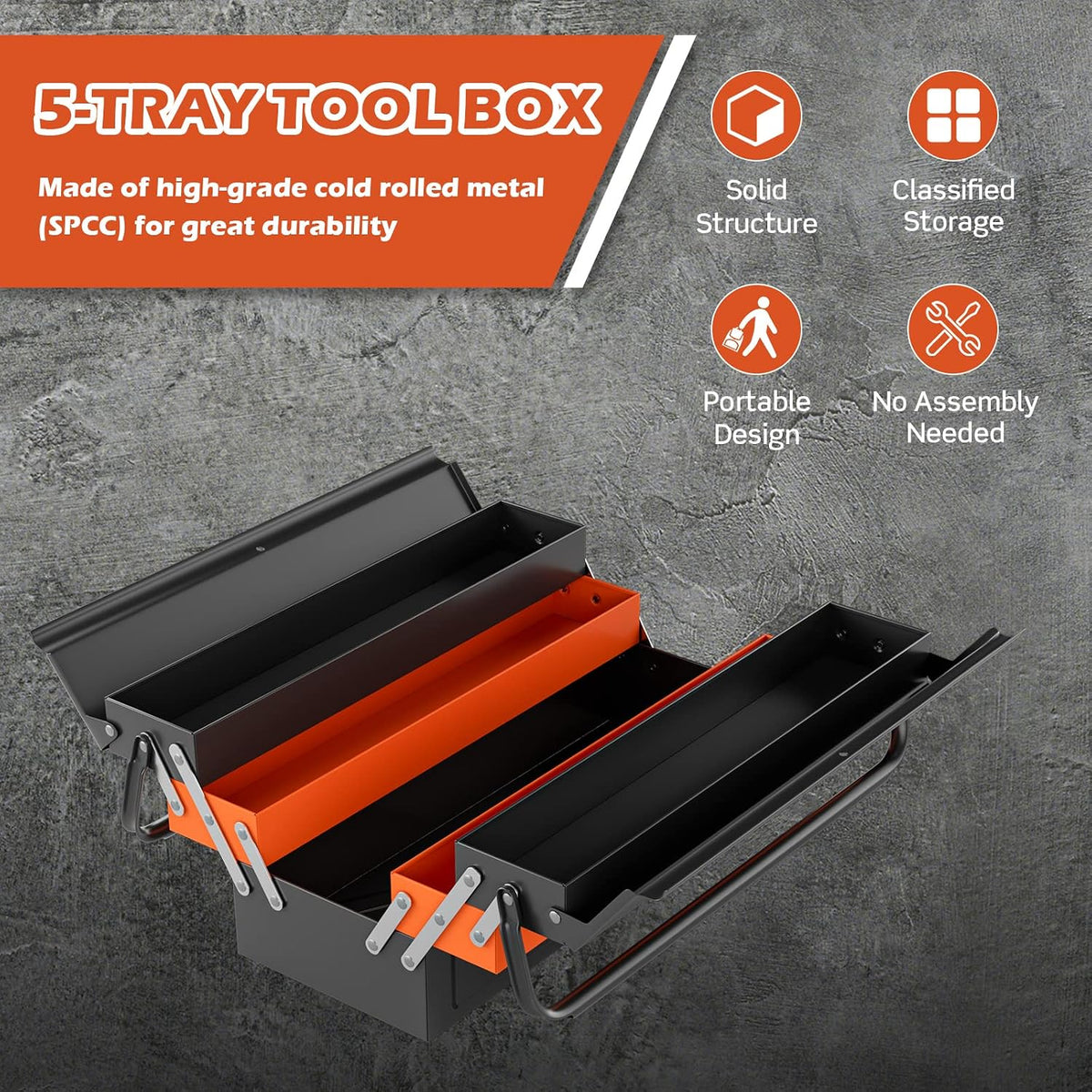 goplus 22-inch metal tool box, 3-layer 5-tray portable on a desk or shelf