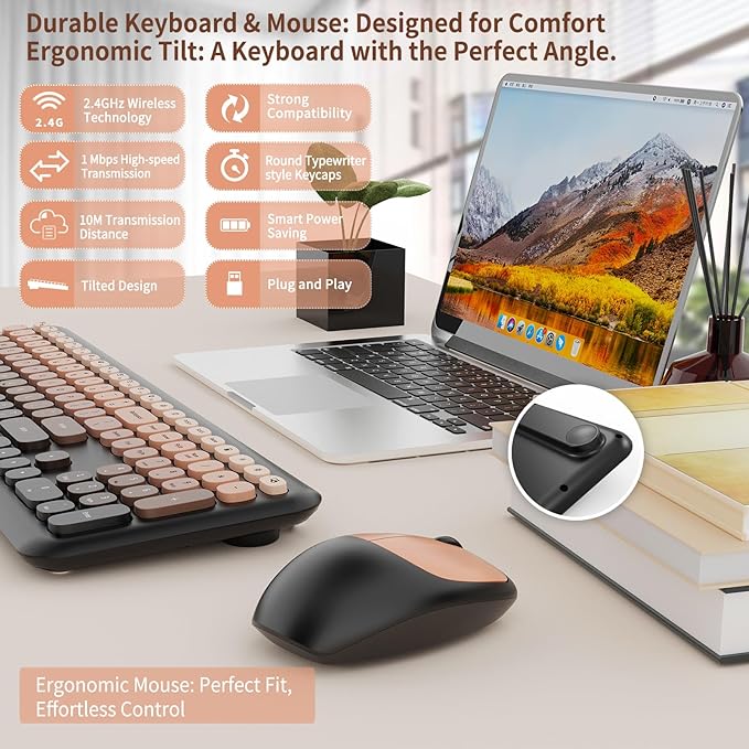 HotFox Wireless Keyboard and Mouse Combo, Full-Size Retro Typewriter Keyboard - Image 3