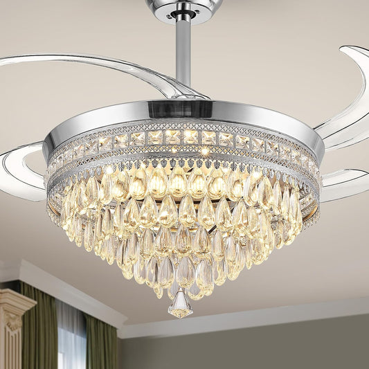 Baotree Chandelier Ceiling Fan with Lights and Remote,42 Inch Modern Flush Mount for Bedroom Indoor, Dimmable LED,Bluetooth Connection,Energy Efficient Quiet Retractable Blades (42 in White)