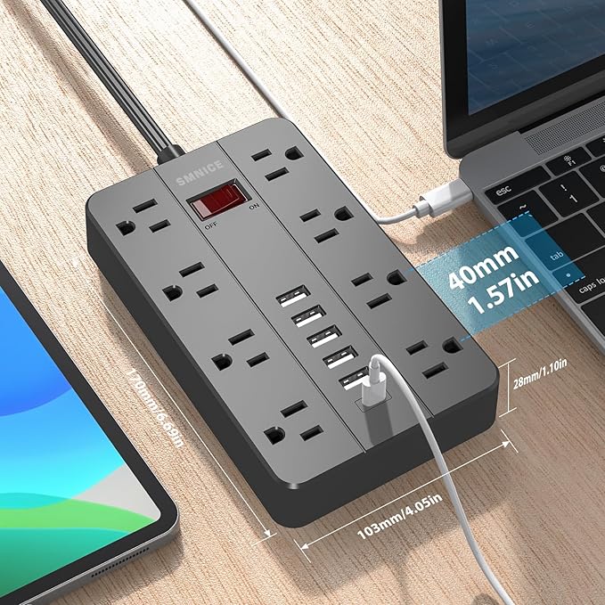 10 Ft Extension Cord Surge Protector, SMNICE 8 Widely Spaced Outlets and 6 USB - Image 4