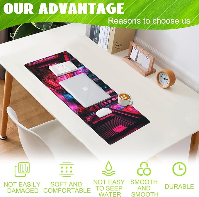 Eflxamz Desk Mat, Japanese Anime Neon Street Desk Pad, Anime City Large Gaming - Image 4