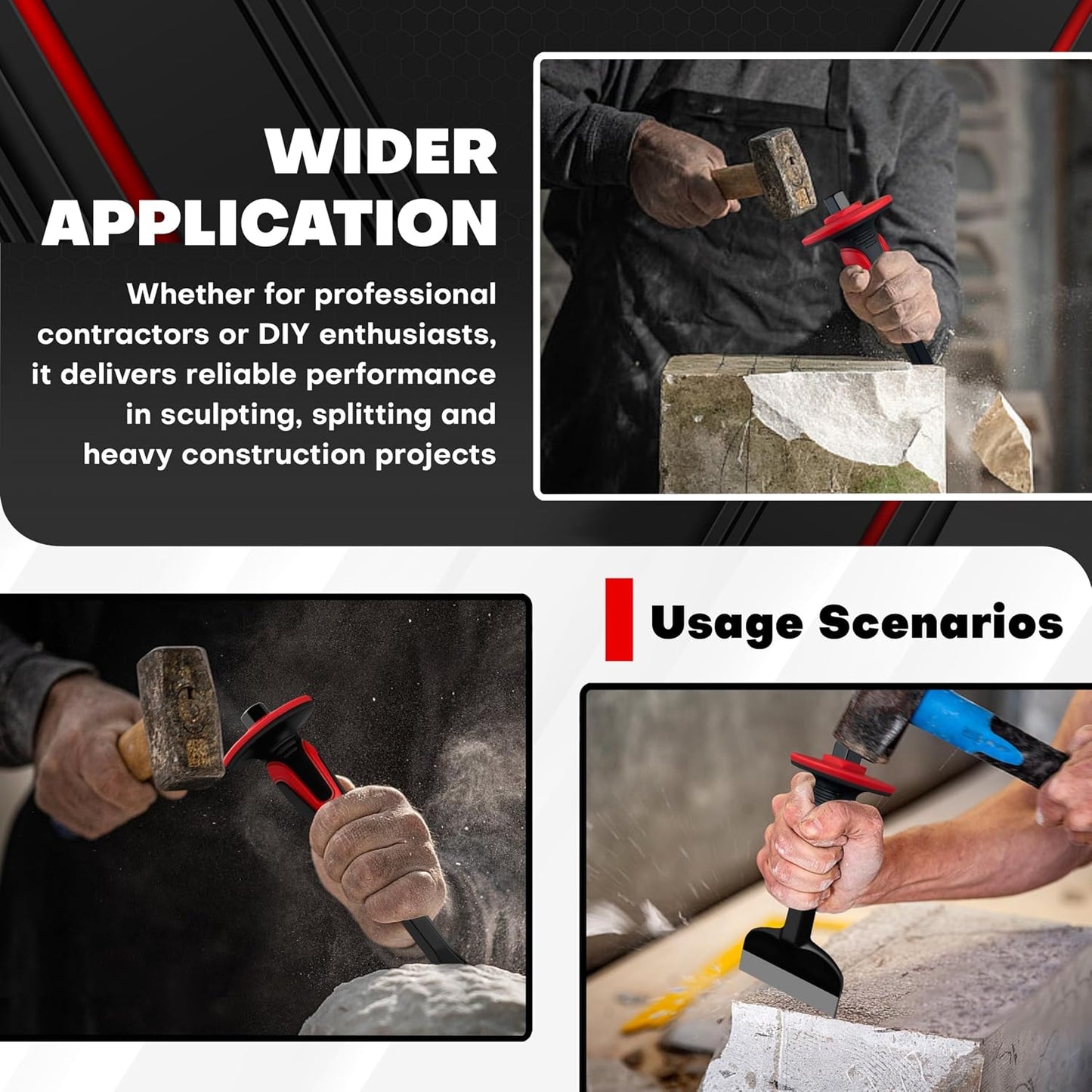 C&T 3Pcs Heavy Duty Masonry Chisel Set with Hand Guard, Stone and Rock Chisel, Rock Chisel Set, Stone and Rock Tool for Breaking, Splitting and Cutting- Professional Masonry Tools