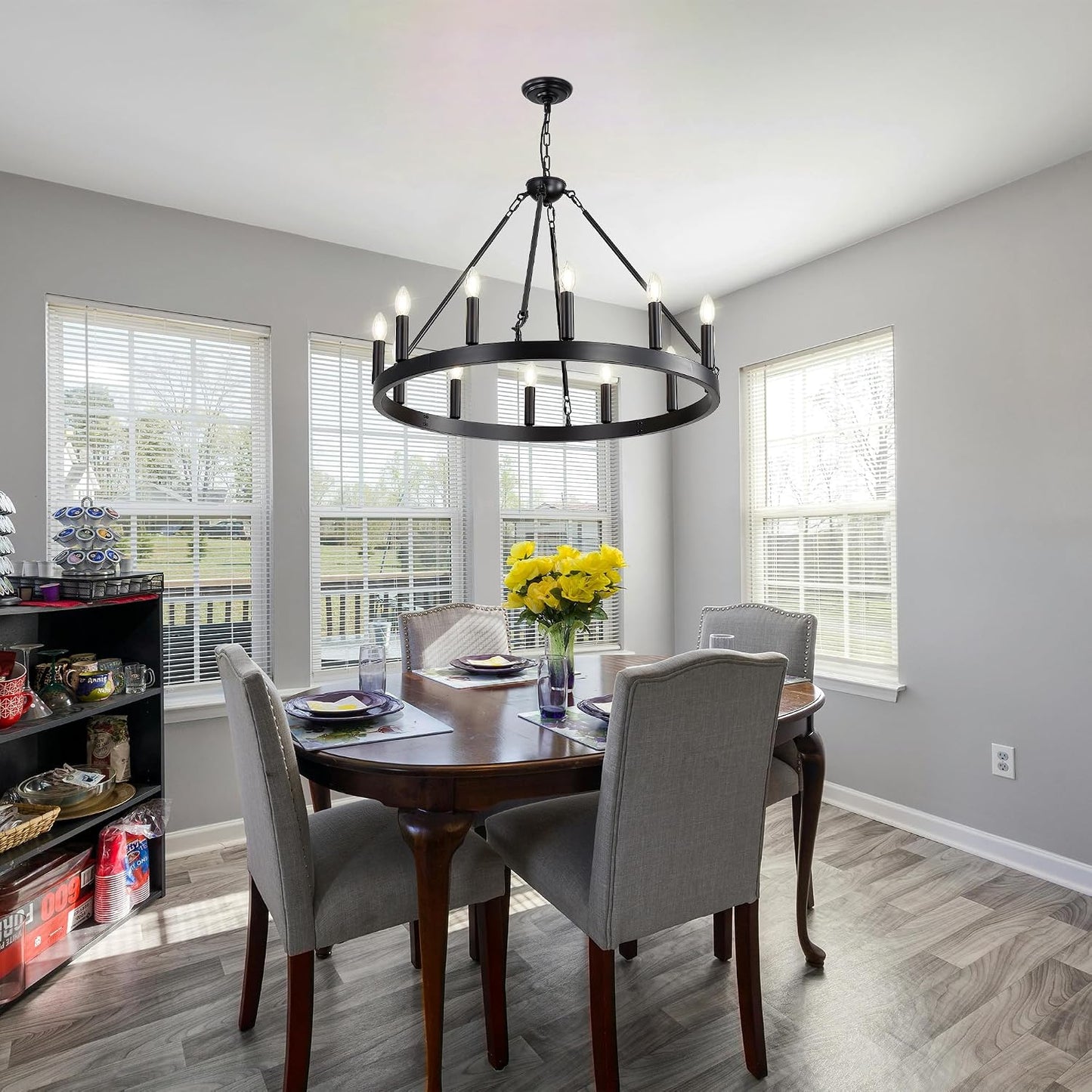 Black Wagon Wheel Chandelier, 12-Lights 32 Inch Farmhouse Pendant Light Fixture, Round Rustic Hanging Lighting for Dining Room Kitchen Island Foyer Entryway