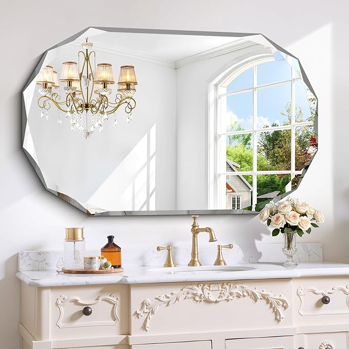 GLASHOM Frameless Bathroom Mirror, 30x48 inch Beveled Bathroom Mirror Wall by GLASHOM