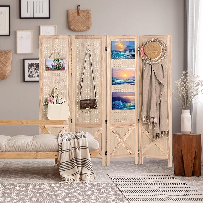 Wnutrees 4 Panel Pegboard Display, 5 Ft Wood Folding Privacy Screens Room - Image 2