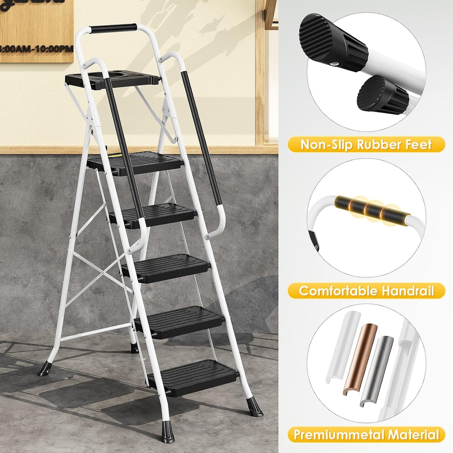 TOOLF 5 Step Ladder with Anti-Slip Wide Pedals, Handrail, Safe-Lock Design | Sturdy Steel Step Stool, Folding Portable Ladder for Multi-Purpose, Home, Kitchen, Pass 800lbs Load Testing, White