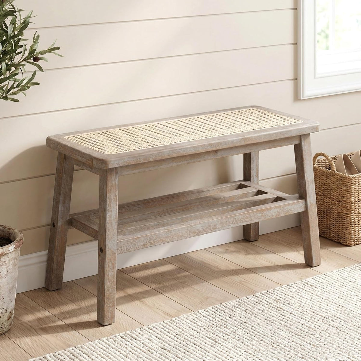 rocity 30 inch rattan bench wooden entryway bench, main product view