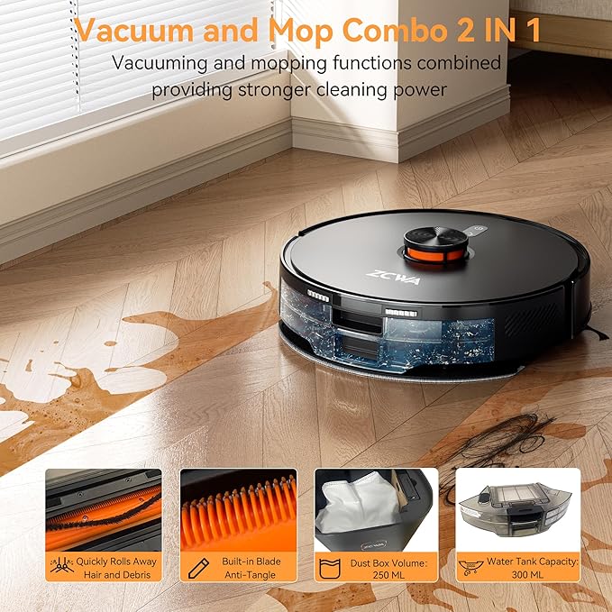 ZCWA D15S MAX Robot Vacuum and Mop Combo, 10000Pa Suction Robot Vacuum - Image 3