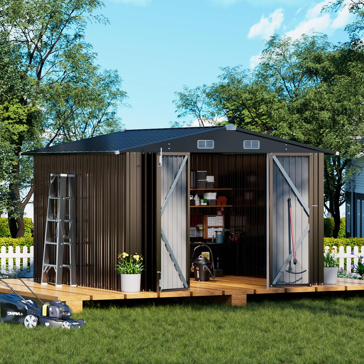 comhoma shed outdoor storage shed metal,lockable doors tool shown in use