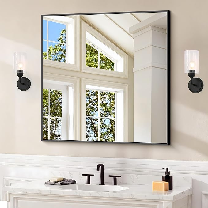 Black Bathroom Mirror for Wall, 30x30 Inch Rectangle Mirrors by Welcometocofeny
