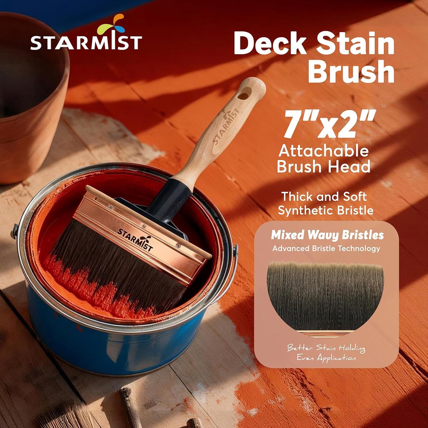 7-Inch Deck Stain Brush Applicator with Hybrid Wavy-Crimped & Straight Bristles – Heavy Duty Deck Paint Brush with Threaded Handle,Compatible with Extension Poles for Decks, Fences & Textured Surfaces