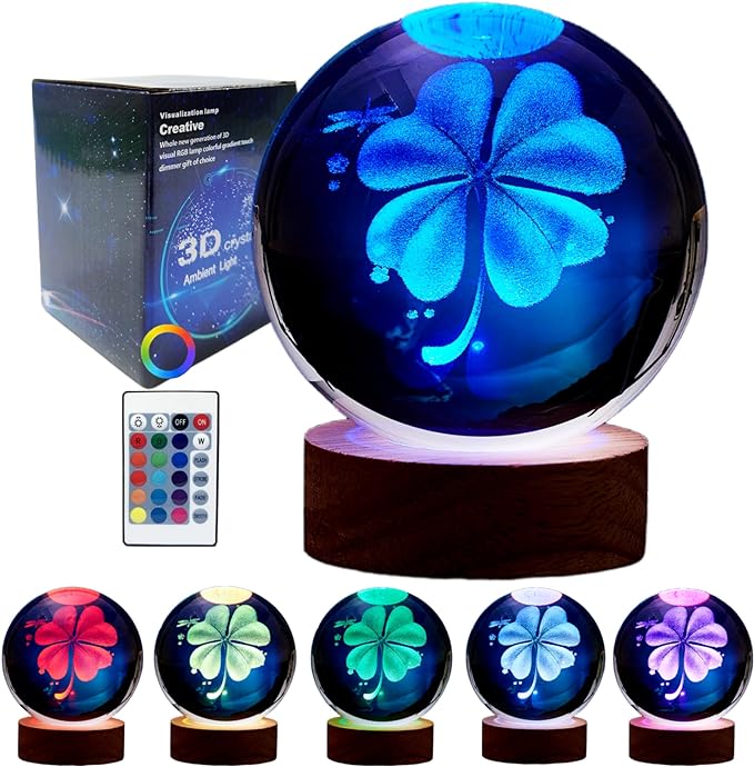 Conalisk 3D Four-Leaf Clover Crystal Ball Lamp, Lifelike 3D LED Clover Night by Conalisk