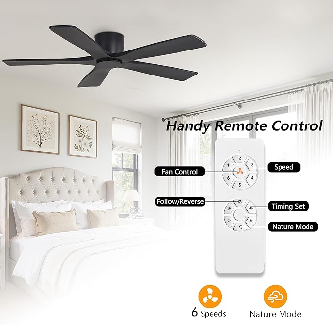 WINGBO 48" Flush Mount DC Ceiling Fans Without Lights, 5 Carved Solid Wood - Image 7
