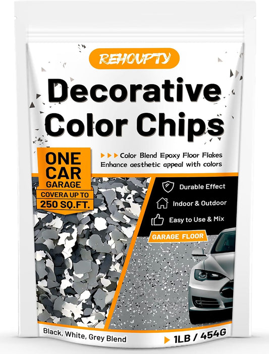Blend Decorative Epoxy Floor Chips, Multi-Color Flakes For Floors & Walls | 1LB 3-5MM Black, White, Gray Blend Decorative Epoxy Floor Chips, Suitable for Interior & Exterior House Garage Use