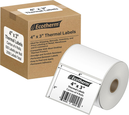 4" x 3" Thermal Labels | 4 Rolls | 2100 Labels | fits Zebra, Offnova Thermal