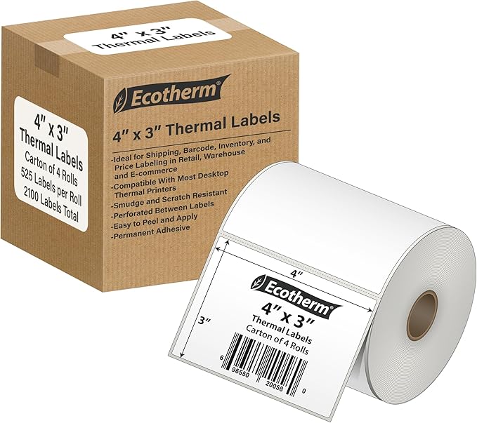 4" x 3" Thermal Labels | 4 Rolls | 2100 Labels | fits Zebra, Offnova Thermal by EcothermProducts