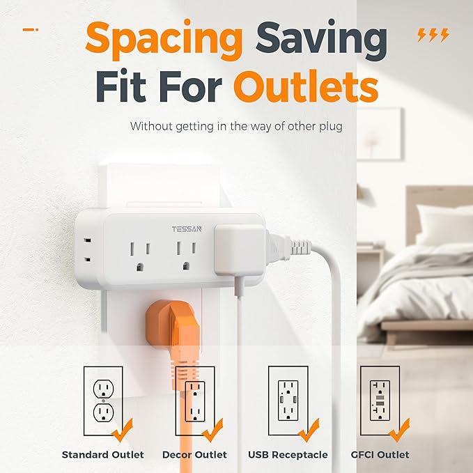 Multi Plug Outlet Splitter, TESSAN Surge Protector Wall Plug Splitter - Image 3