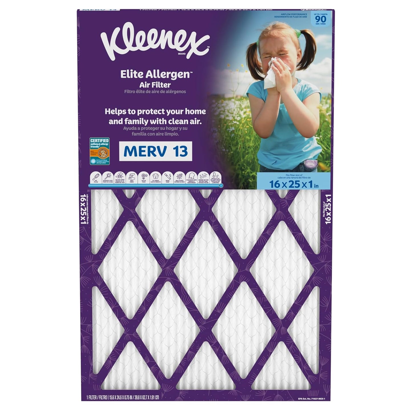 Kleenex Elite Allergen Air Filter 16x25x1 Inches - 13 MERV RATING (2-Pack)