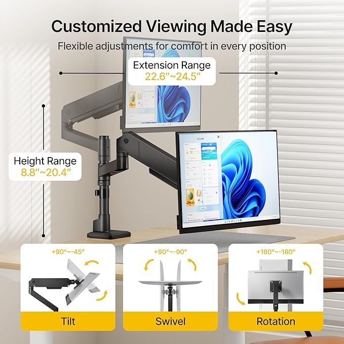 monTEK Tall Single Monitor Arm for 17 to 45 Inch Curved Screen Adjustable - Image 2