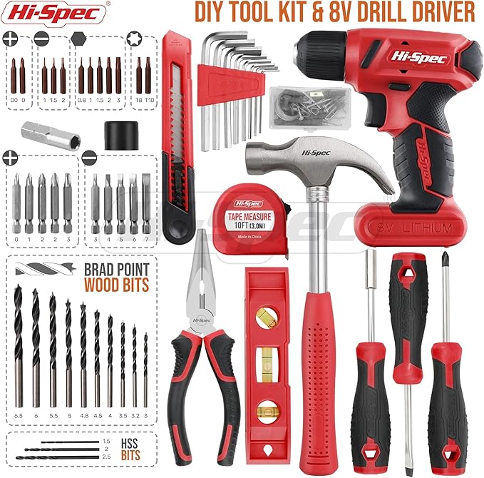 Hi-Spec 58pc Red 8V USB Electric Power Cordless Drill Driver and Home DIY Tool - Image 2