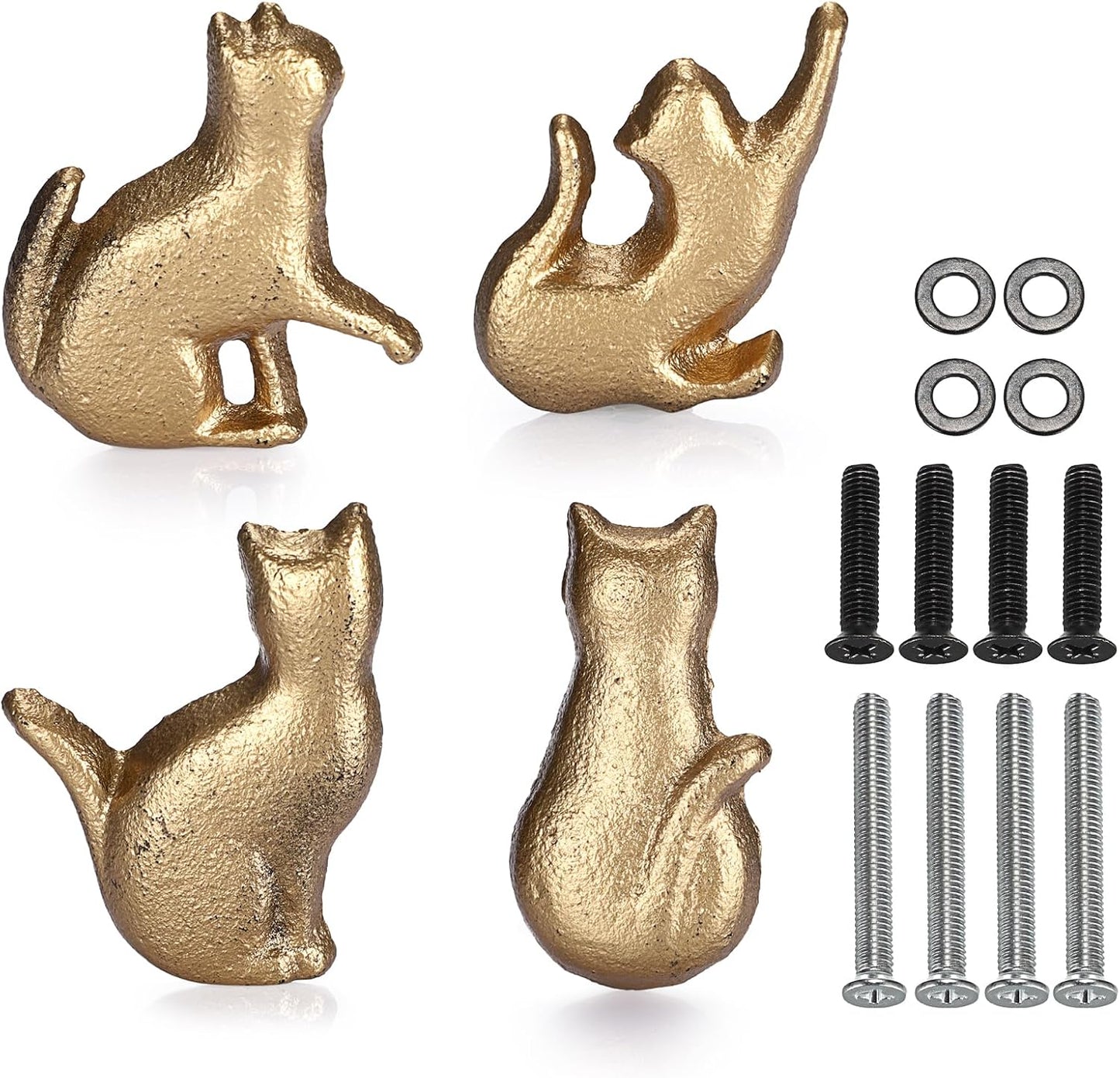 JUXYES Cast Iron Vintage Cat Drawer Handle Pull Knob for Dresser Cabinet | 4 Pack Gold Unique Decorative Dresser Drawer Handle Knobs, Antique Animal Drawer Pulls Knobs for Dresser Cabinet Closet