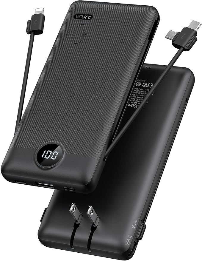 Portable Charger, Power Bank Built-in Cables and AC Wall Plug, VRURC USB C by Home