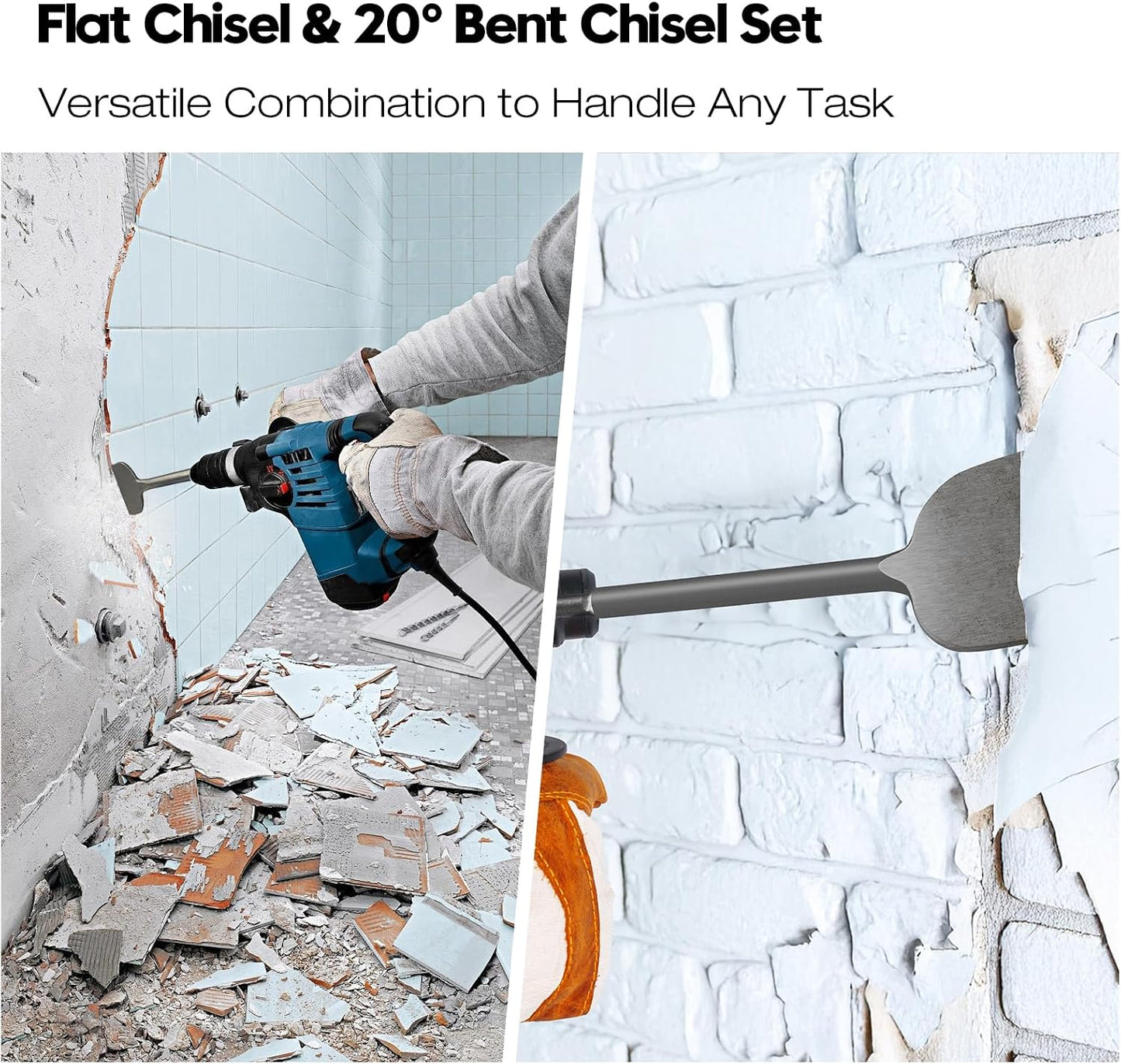 2Pcs SDS Plus Chisel Set, Flat & 20° Bent Tile Removal Bits | 3" x 10" Tile Removal Bits, 40Cr Alloy Steel, Fits Most Rotary Hammers, Wall Demolition, Tile Removal & Concrete Cleanup