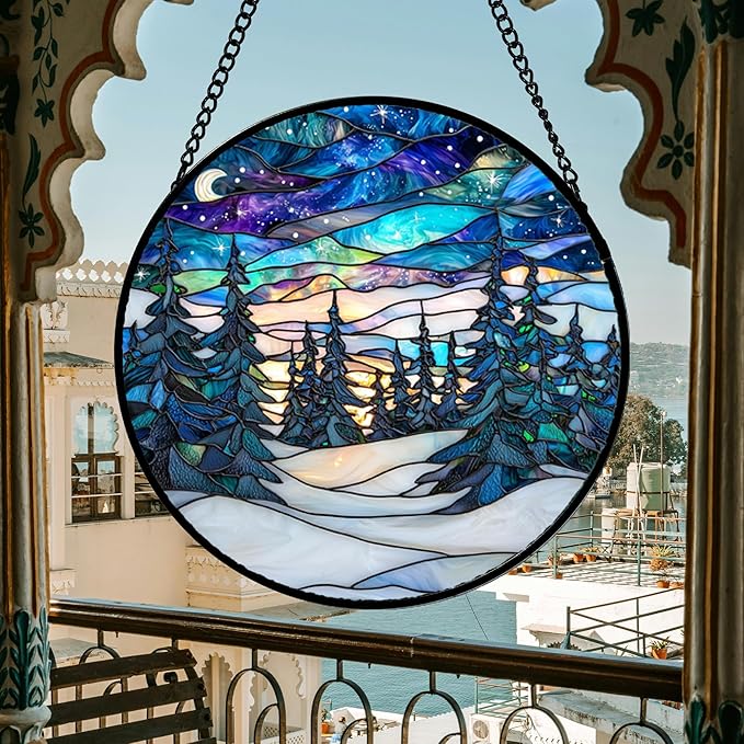 DASTOLL Stained Glass Window Hanging, Starry Sky Trees and Snow Sun Catchers - Image 3