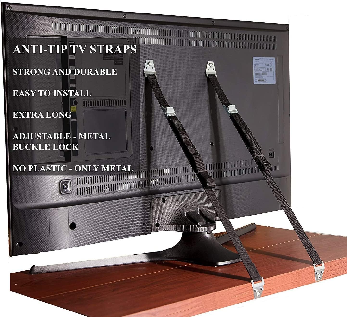Heavy Duty Metal Anti Tip Straps - Adjustable Safety Furniture Wall Anchors for Baby Proofing Flat Screen TVs, Dressers, Bookcases, Cabinets - No Plastic Parts - Pack of 2