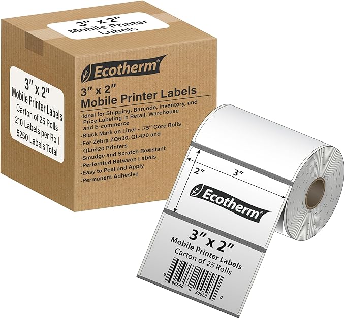 3" x 2" Mobile Printer Labels | 25 Rolls | 5250 Labels | fits Zebra ZQ630 by EcothermProducts