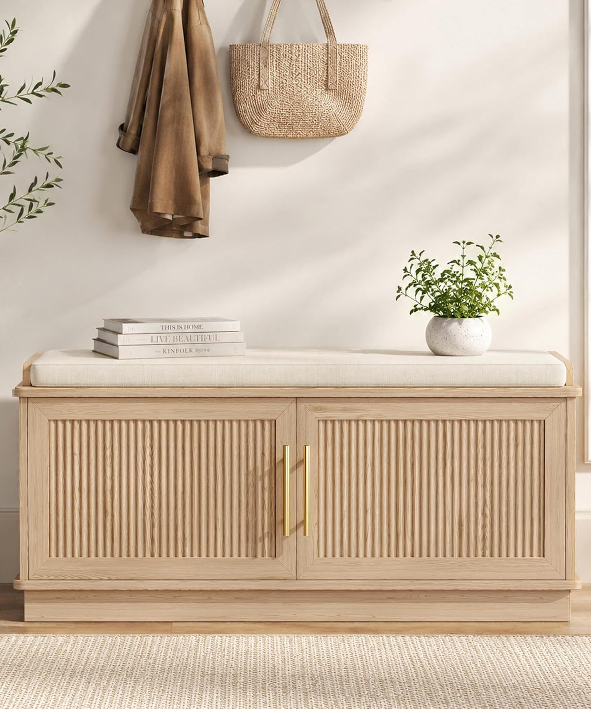 akxomel 39.4" fluted shoe storage bench 2 doors, main product view