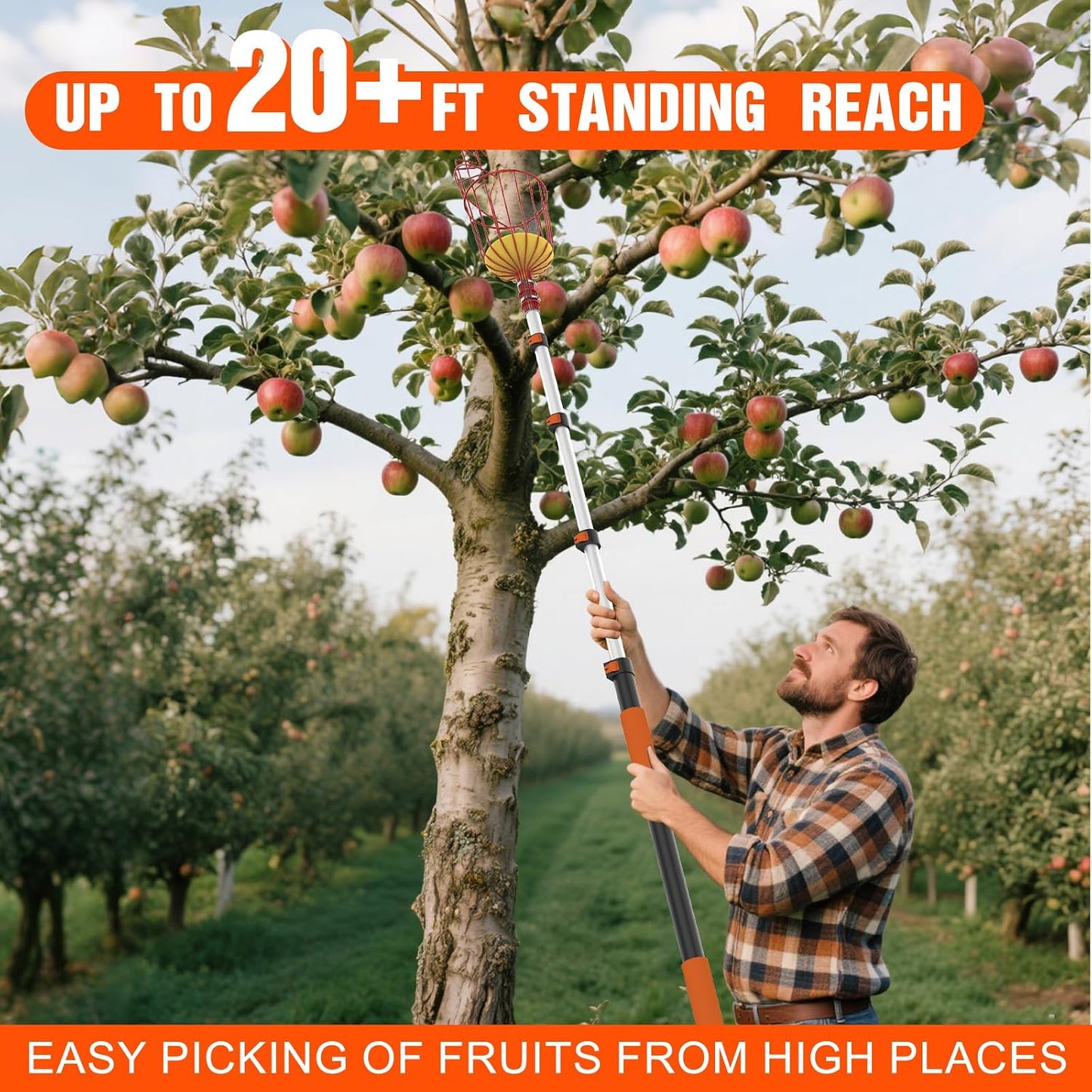 26FT Reach Fruit Picker Pole with Basket Telescoping, Apple Picker with 5-20FT Telescoping Pole for Apple Orange Lemon Mango Avocado Guava Fruit Picking