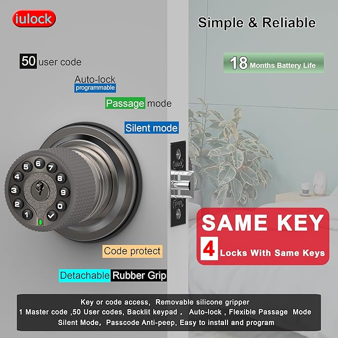 iulock Smart Door Knob with Keypad and Key, Keyless Entry Door Lock with Rubber - Image 2