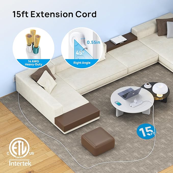 TROND Surge Protector Power Strip, Flat Plug 15ft Long Extension Cord, 10 - Image 2