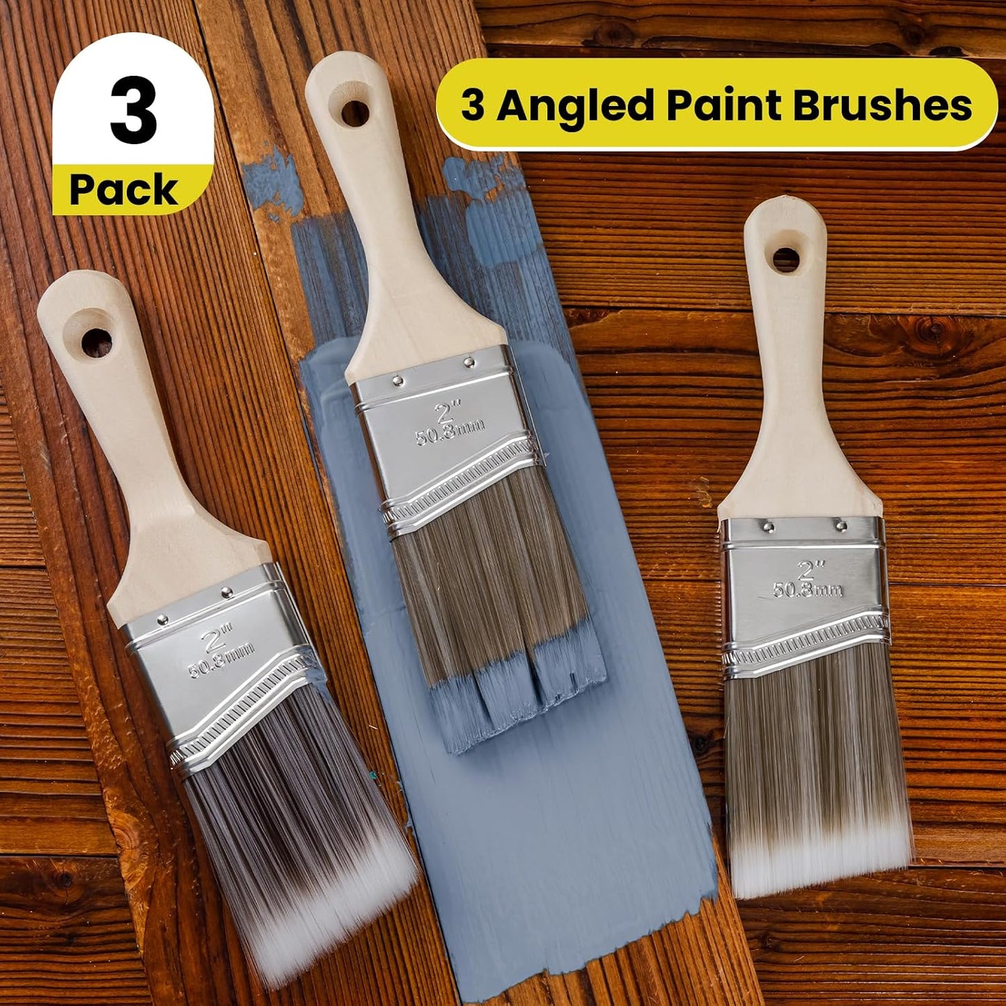 Mister Rui 2 Inch Angled Synthetic Paint Brushes, 3 Pack Trim | For latex, oil paints & stains. for interior/exterior home improvement. Designed for precise cut-in on edges, corners & trim