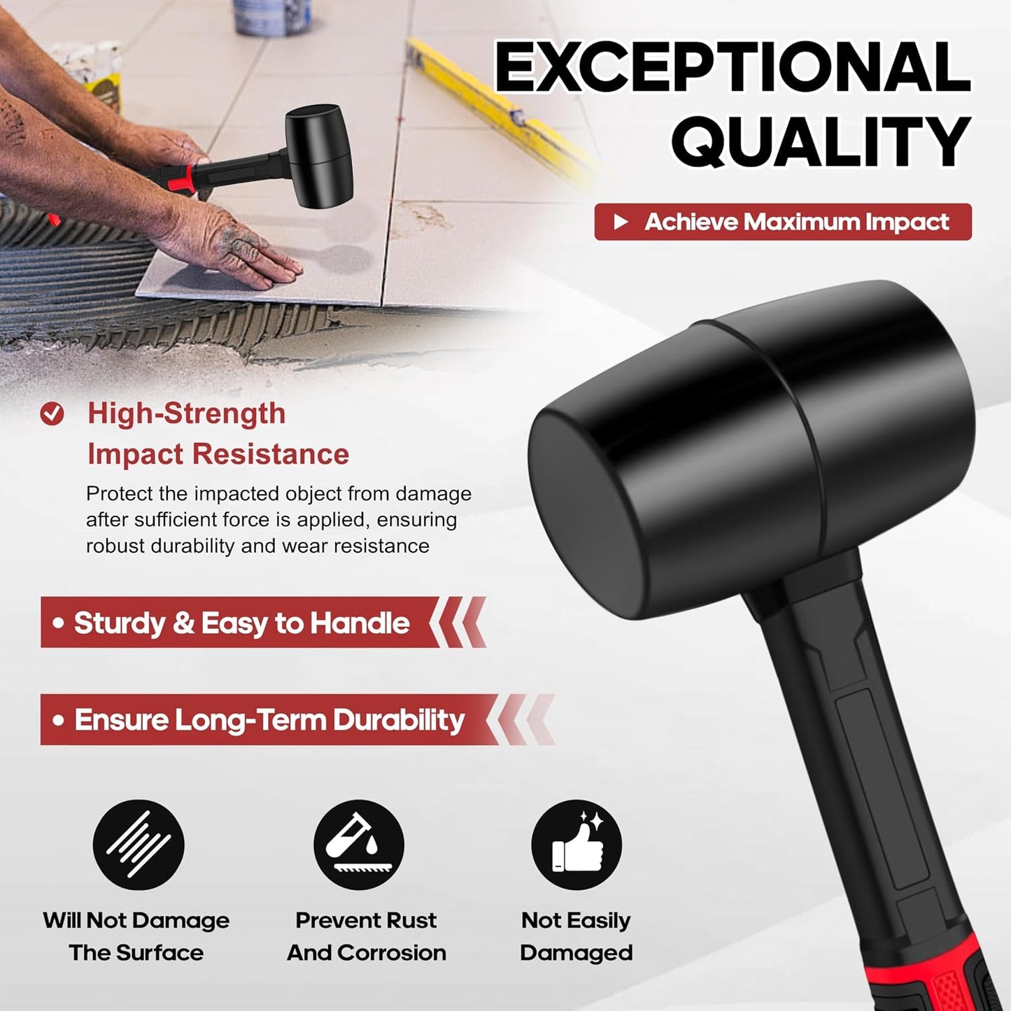 YIYITOOLS 16oz Rubber Mallet Hammer,Double Faced Soft Mallets,Durable Solid Rubber Head,Fiberglass Handle,Ergonomic Grip,Mallet for Flooring,Tent,Woodworking,Camping,Soft Blow Task without Damage