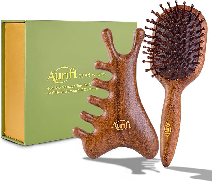4-in-1 Wooden Gua Sha Facial Tools & Hair Detangler Brush Set – Manual Guasha by Aurift