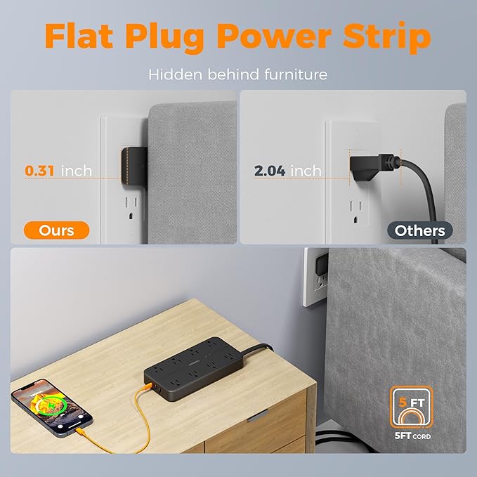 2000J Surge Protector Power Strip, TESSAN 5 FT Extension Cord - Image 5