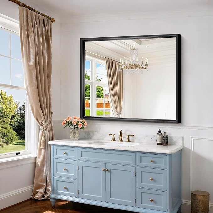 Bathroom Mirror, 42 x 36 Inch Brushed Black Rectangle Mirror, 0.6" Thickened - Image 5