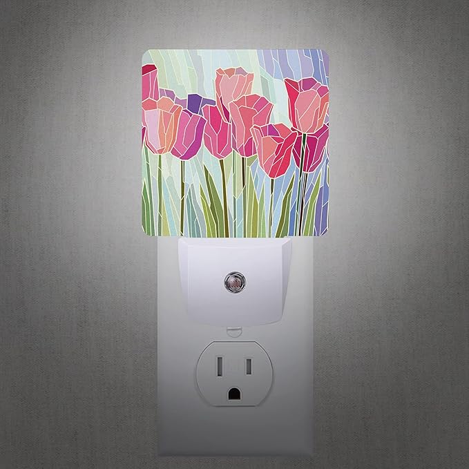 Smoaffly Pink Tulip Flowers Night Light Plug-in LED Nightlights Auto Sensor - Image 2