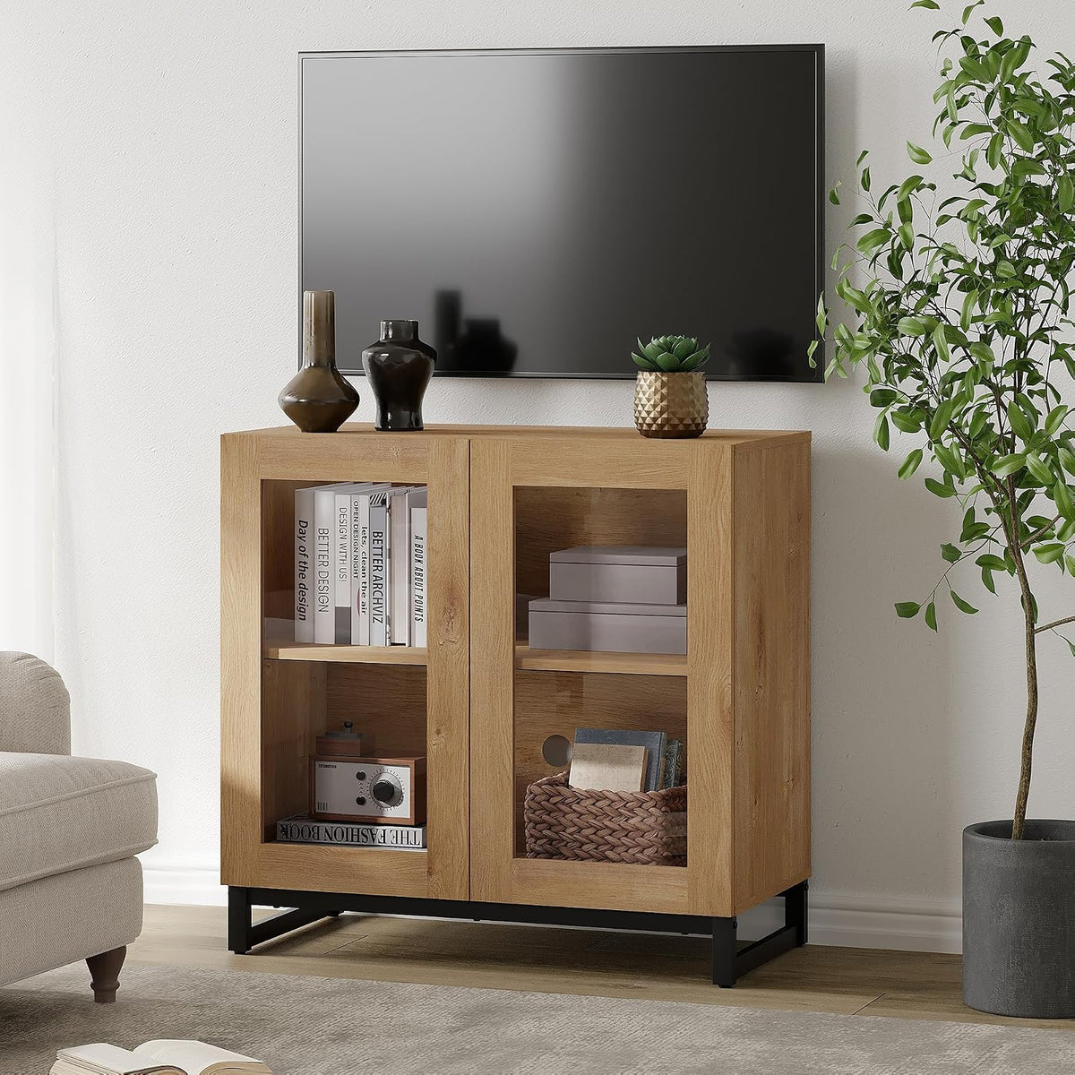 WAMPAT Modern TV Stand with Glass Doors
